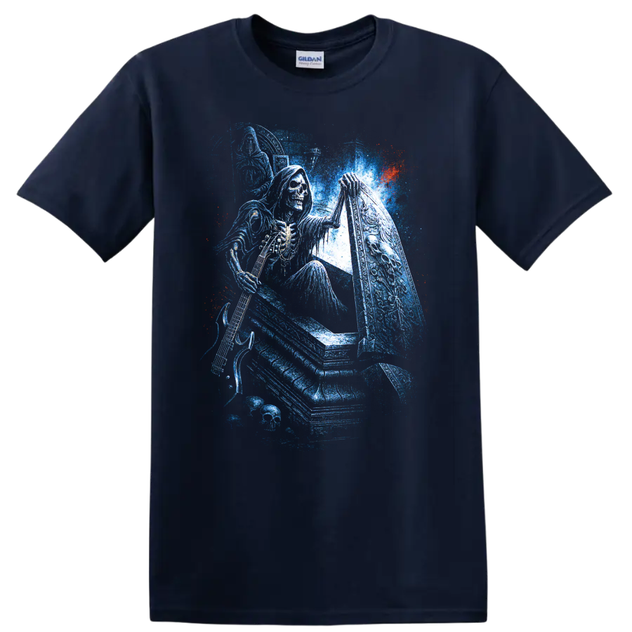 Hooded skull grim reaper beside a coffin in distressed blue gothic art on a Navy (Blue) T Shirt