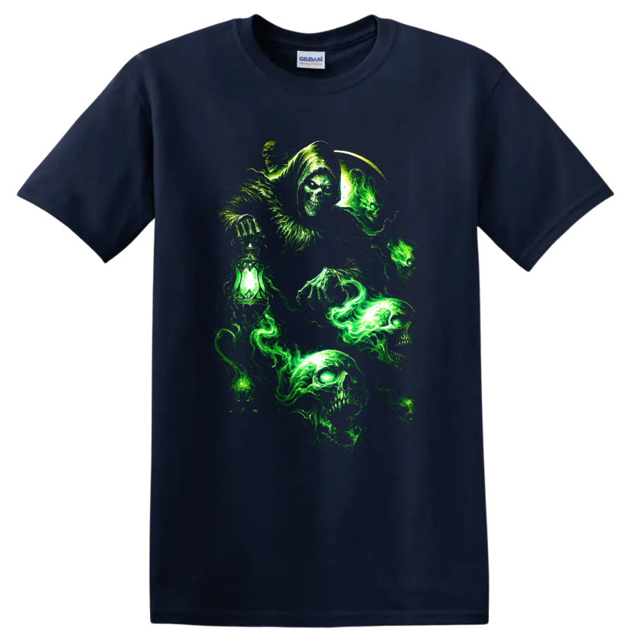 Glowing green gothic skulls with a hooded figure and lantern on a Navy (Blue) T Shirt