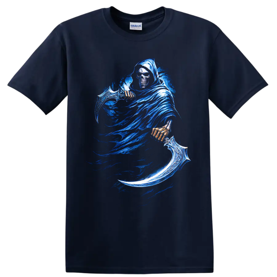 Hooded Grim Reaper skull with ornate blue scythe gothic graphic on a Navy (Blue) T Shirt
