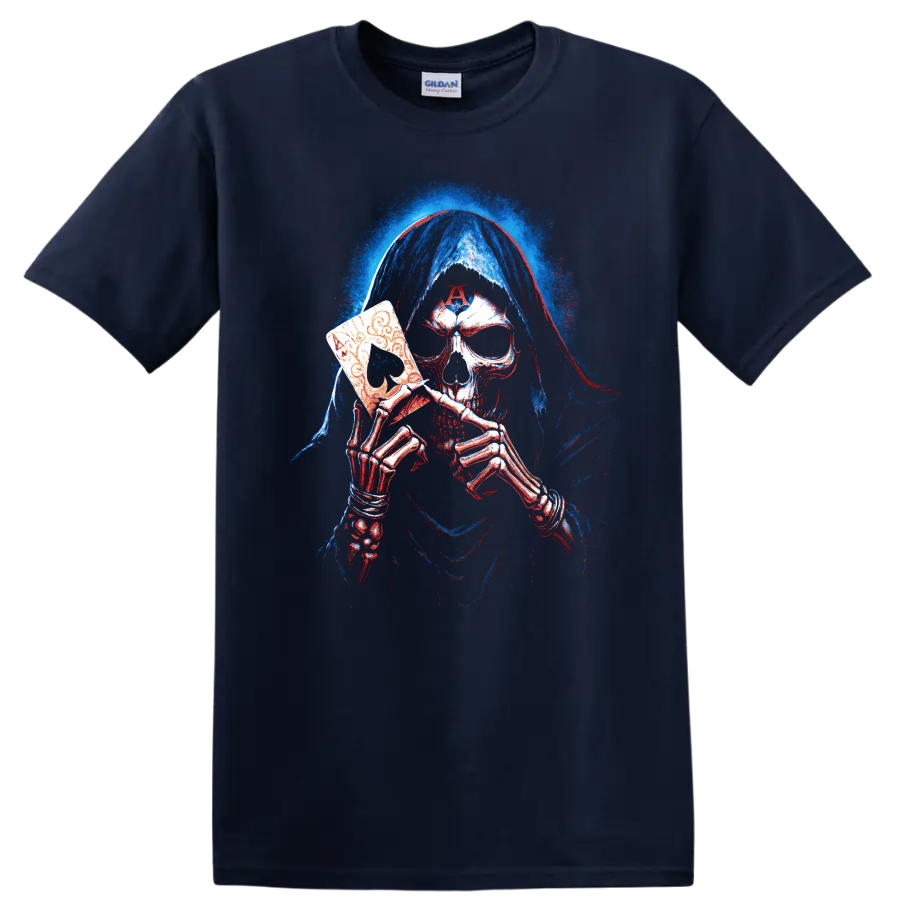Hooded skeleton holding an ornate death mask, gothic horror graphic on a Navy (Blue) T Shirt