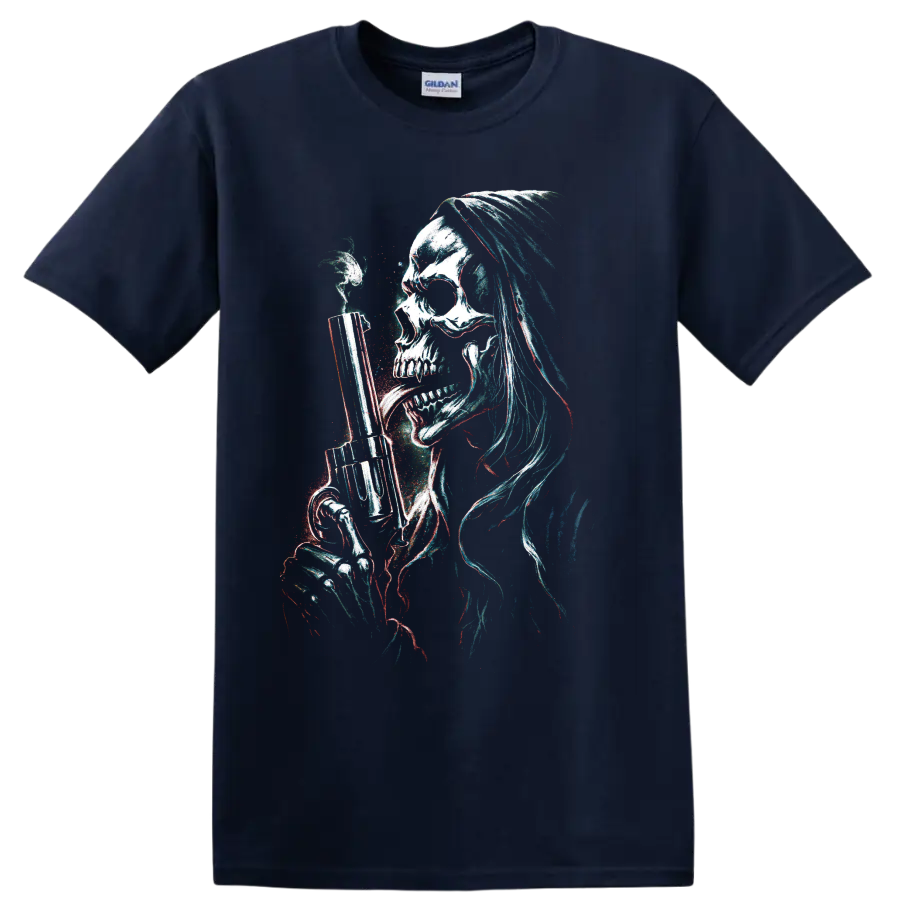 Long-haired skull holding a handgun in distressed glitch gothic art on a Navy (Blue) T Shirt