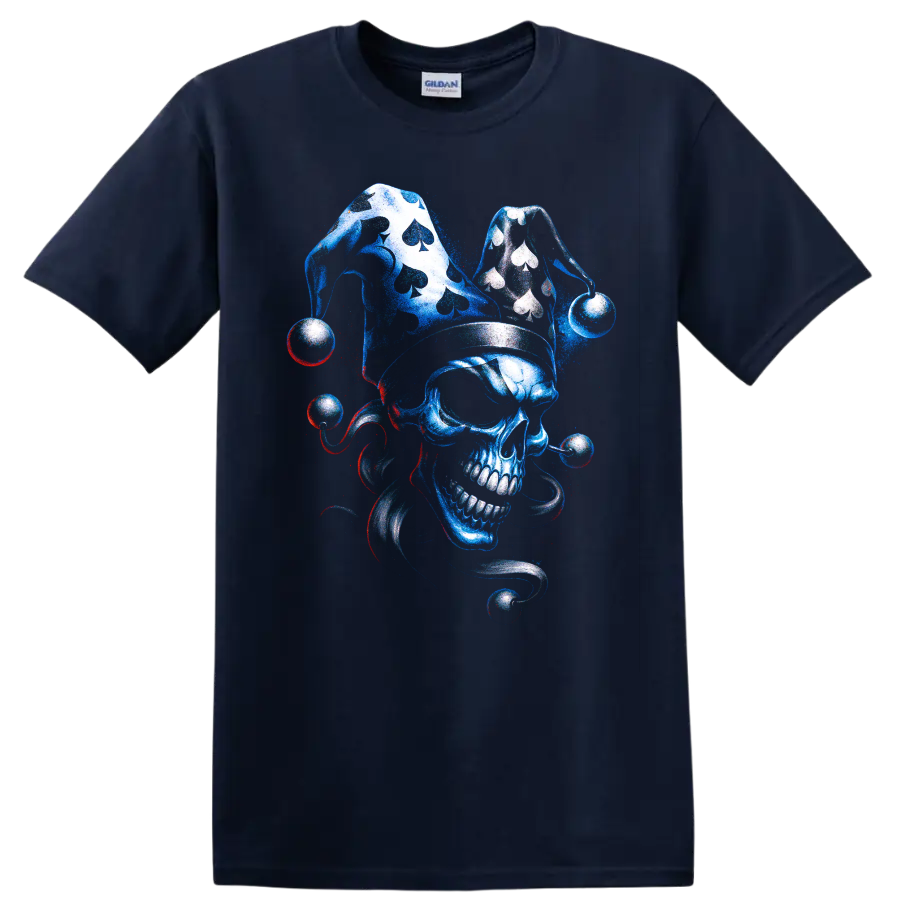 Blue skull jester with playing-card symbols and gothic swirling accents on a Navy (Blue) T Shirt