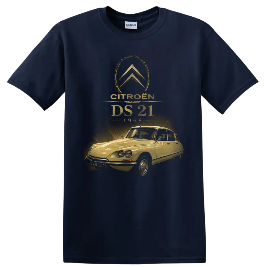 Citroën DS 21 1968 vintage distressed classic car graphic on a Navy (Blue) T Shirt