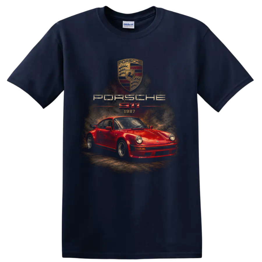 Vintage red Porsche 911 1987 sports car graphic with crest and lettering on a Navy (Blue) T Shirt