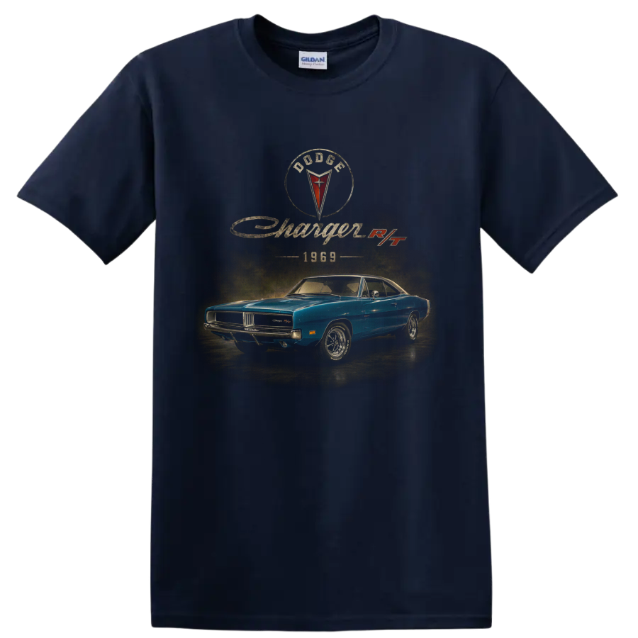 1969 Dodge Charger RT vintage blue muscle car graphic with retro lettering on a Navy (Blue) T Shirt