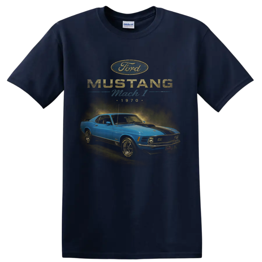 1970 Ford Mustang Mach 1 blue classic car graphic with retro lettering on a Navy (Blue) T Shirt
