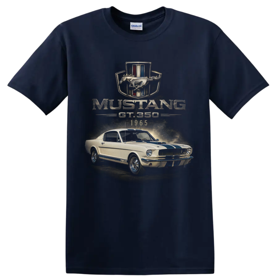 1965 Ford Mustang GT350 vintage fastback car graphic with blue stripes on a Navy (Blue) T Shirt