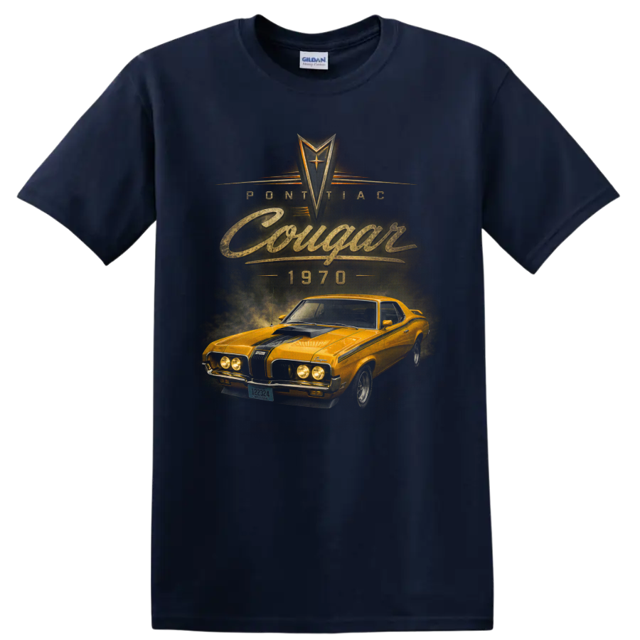 1970 Mercury Cougar vintage orange muscle car graphic with Cougar text on a Navy (Blue) T Shirt