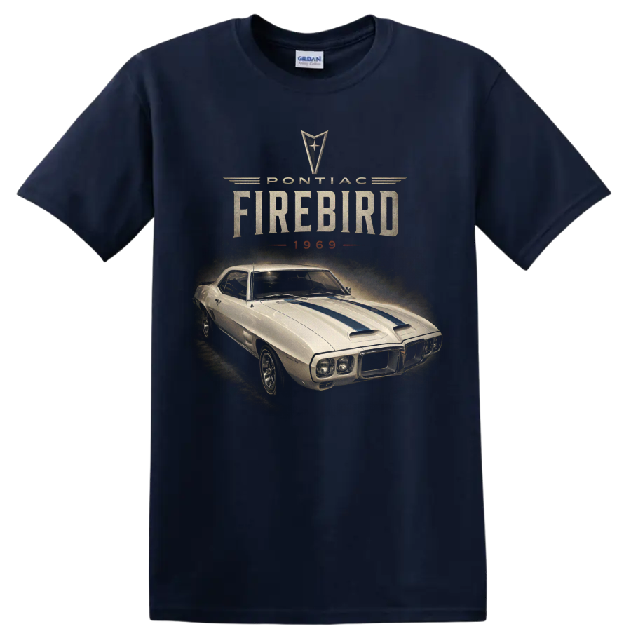 1969 Pontiac Firebird vintage muscle car graphic with blue hood stripes on a Navy (Blue) T Shirt