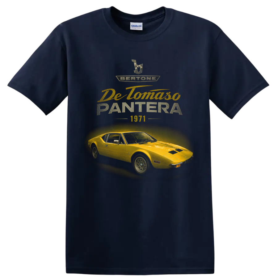 Vintage De Tomaso Pantera 1971 yellow sports car graphic with retro lettering on a Navy (Blue) T Shirt