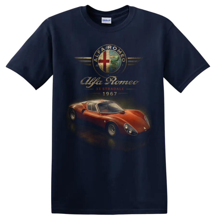 Alfa Romeo 33 Stradale 1967 vintage red sports car graphic on a Navy (Blue) T Shirt