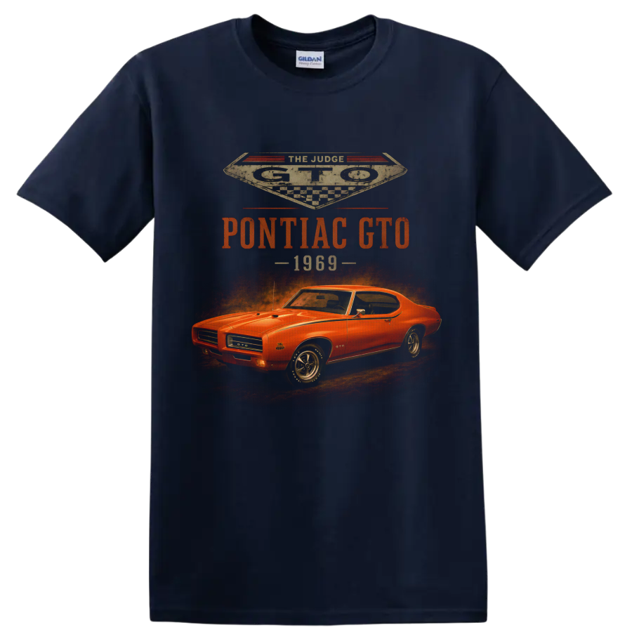 1969 Pontiac GTO vintage muscle car graphic with retro racing text on a Navy (Blue) T Shirt