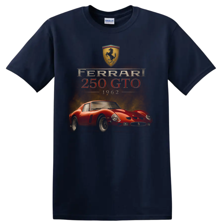 Ferrari 250 GTO 1962 vintage racing car graphic with visible text on a Navy (Blue) T Shirt