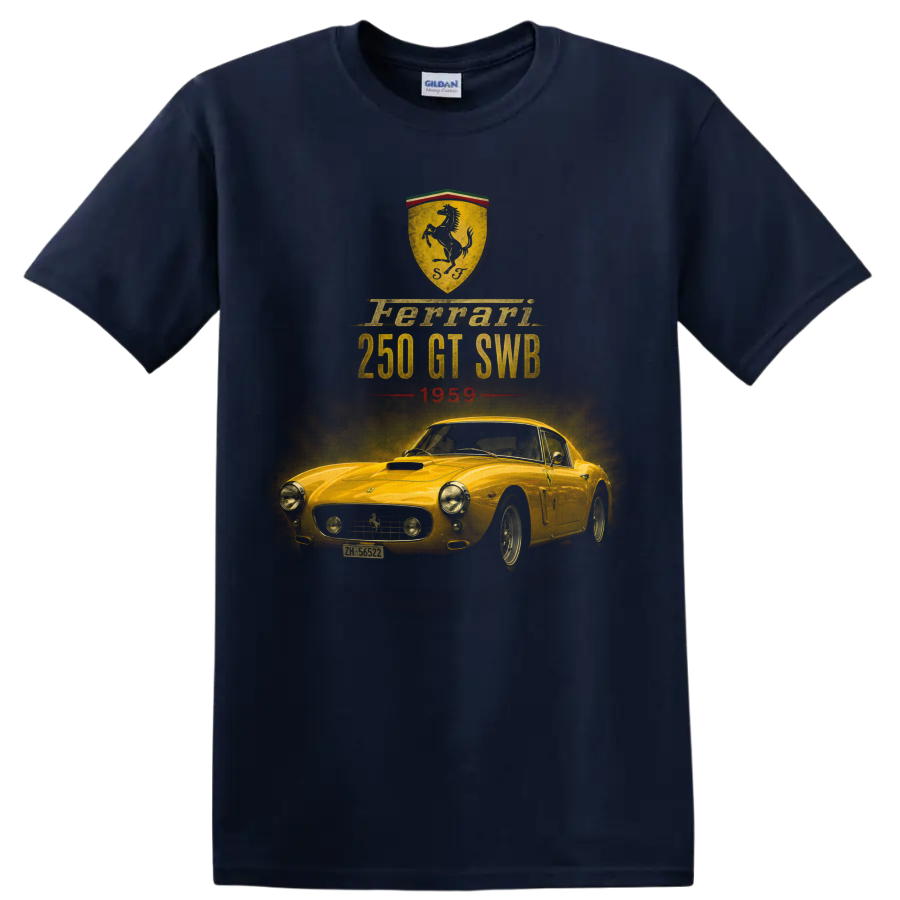 Ferrari 250 GT SWB 1959 vintage classic car graphic with shield crest on a Navy (Blue) T Shirt