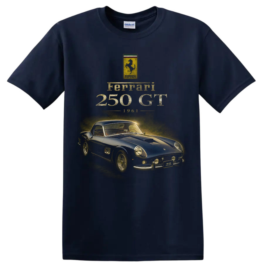 Vintage Ferrari 250 GT 1961 blue classic sports coupe graphic on a Navy (Blue) T Shirt