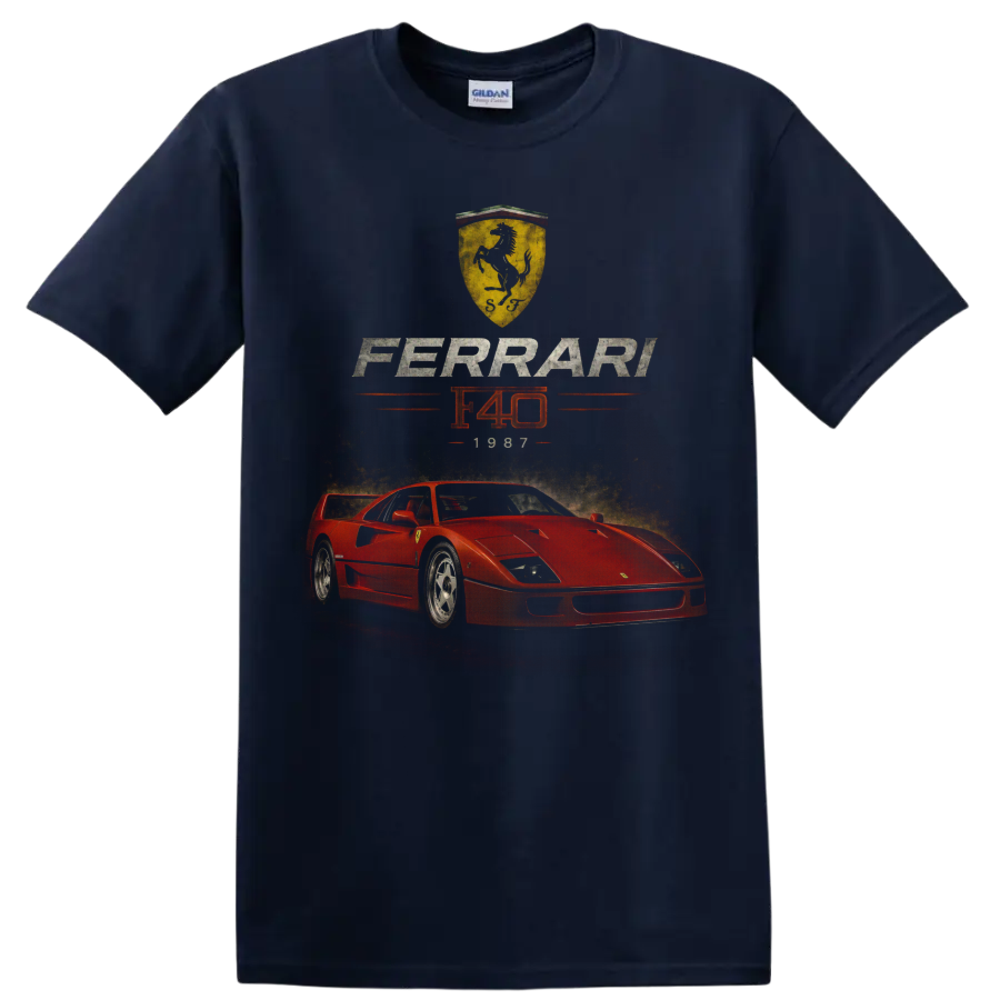 Vintage Ferrari F40 1987 red sports car graphic with Ferrari shield on a Navy (Blue) T Shirt