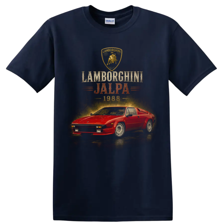 Vintage red 1988 Lamborghini Jalpa graphic with retro text and crest on a Navy (Blue) T Shirt