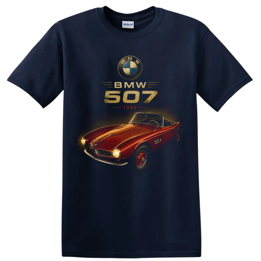 Vintage BMW 507 1956 red convertible roadster graphic print on a Navy (Blue) T Shirt