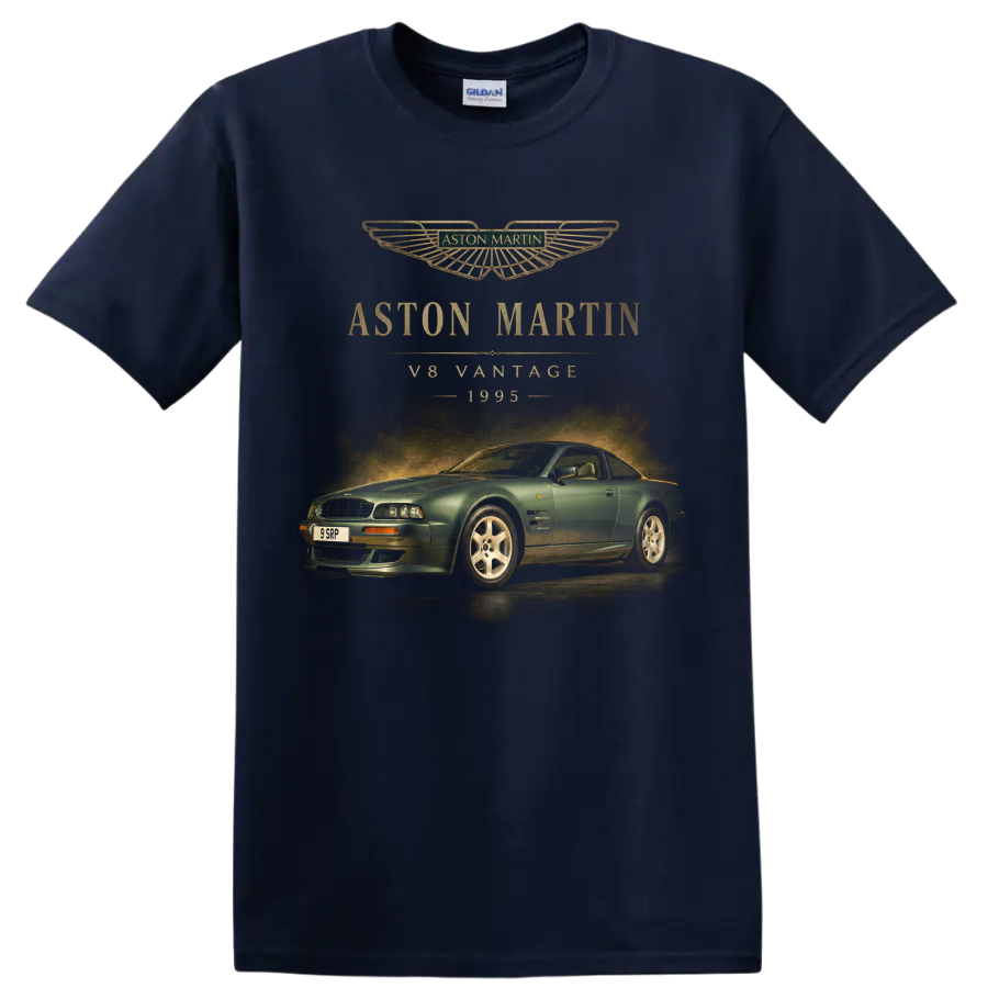 Aston Martin V8 Vantage 1995 vintage car graphic with gold lettering on a Navy (Blue) T Shirt