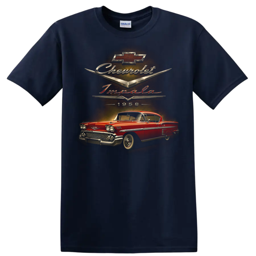 1958 Chevrolet Impala vintage red coupe graphic with Chevrolet script on a Navy (Blue) T Shirt