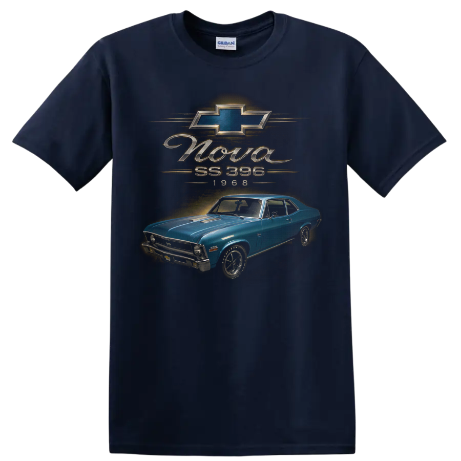1968 Chevrolet Nova SS 396 blue vintage muscle car graphic on a Navy (Blue) T Shirt