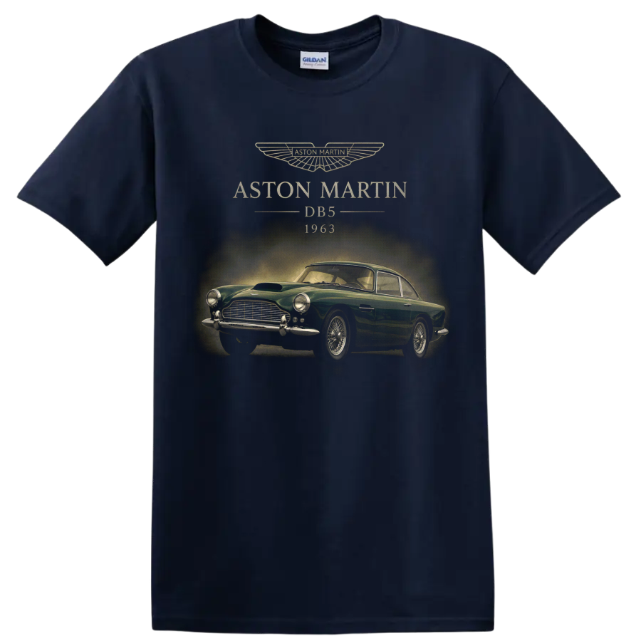 Vintage Aston Martin DB5 1963 classic car graphic with winged emblem on a Navy (Blue) T Shirt