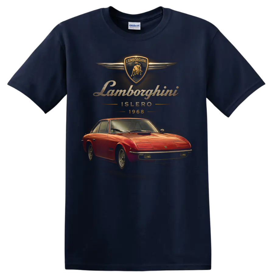 1968 Lamborghini Islero red coupe with vintage gold crest and lettering on a Navy (Blue) T Shirt