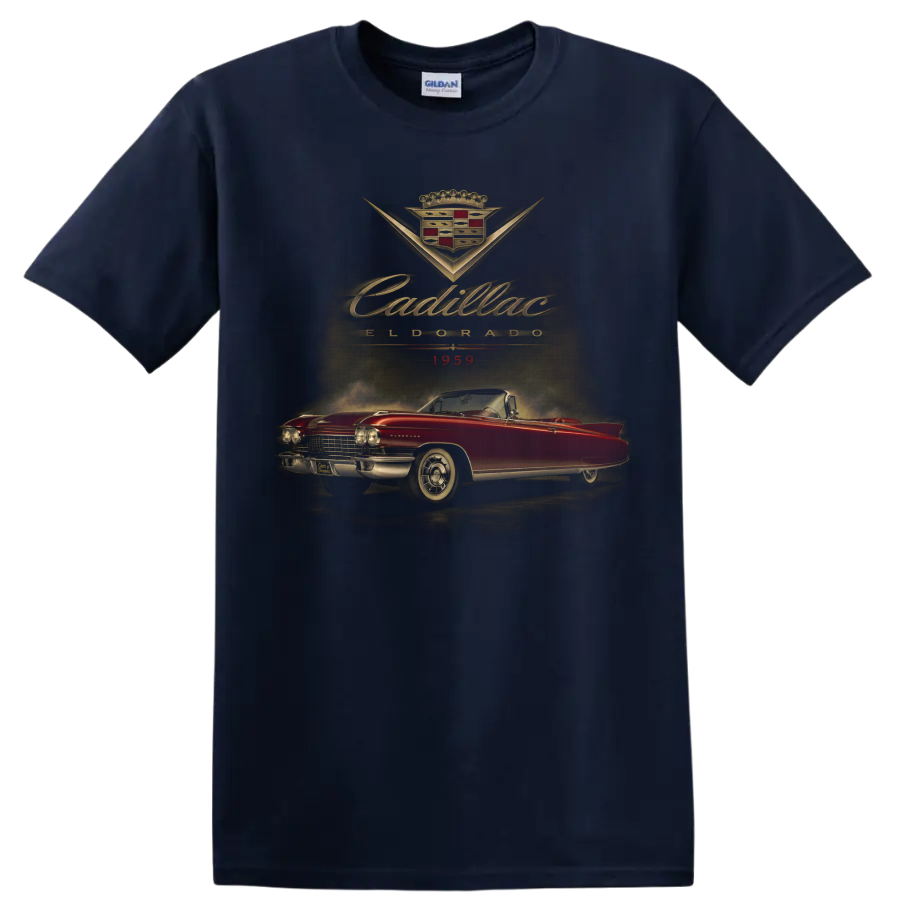 1959 Cadillac Eldorado red convertible vintage graphic print on a Navy (Blue) T Shirt