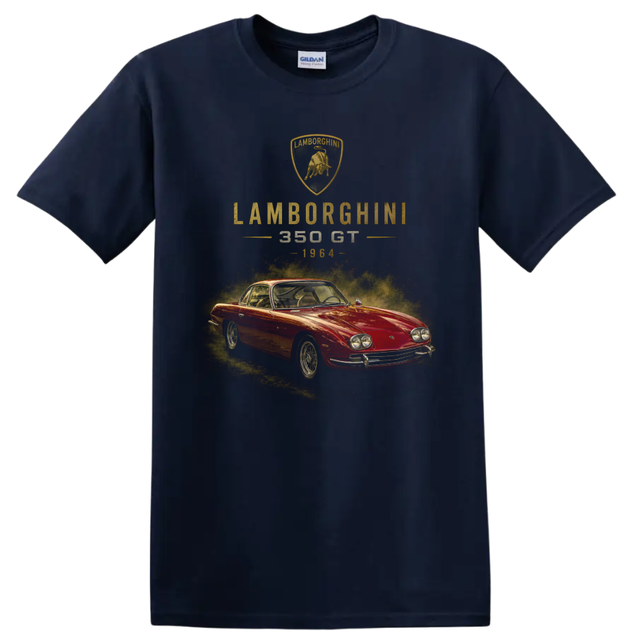 Vintage Lamborghini 350 GT 1964 red classic car graphic with crest on a Navy (Blue) T Shirt