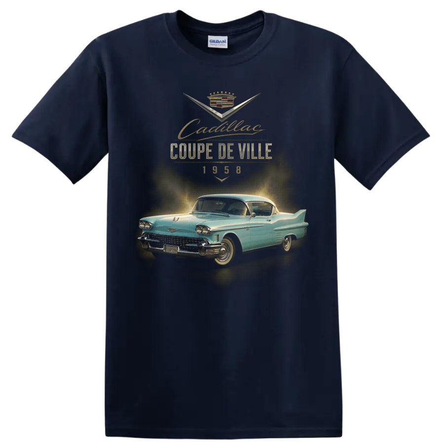 1958 Cadillac Coupe de Ville vintage classic car graphic on a Navy (Blue) T Shirt