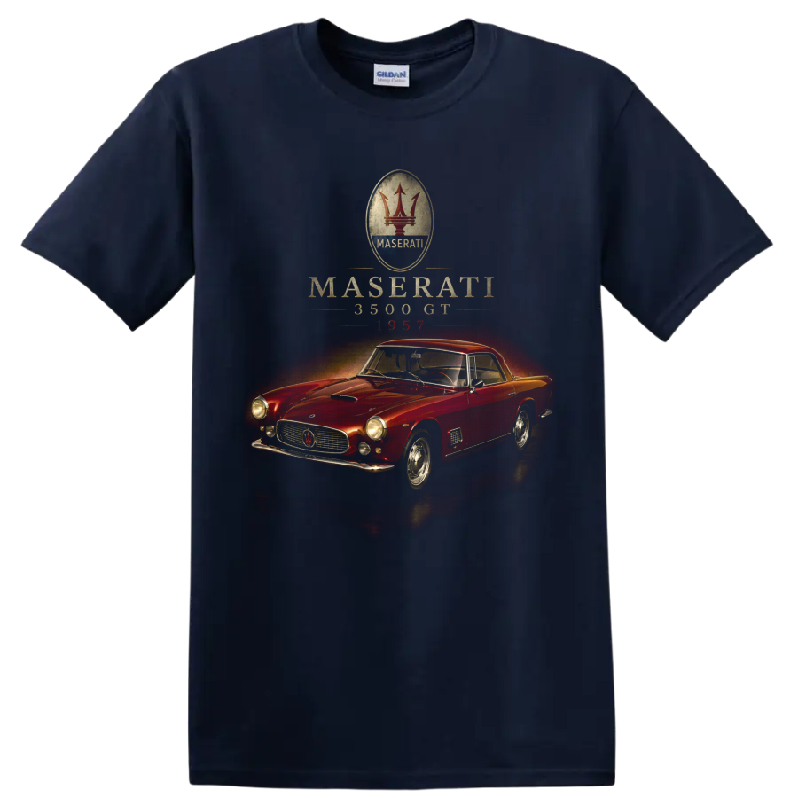 Maserati 3500 GT 1957 vintage red classic car graphic on a Navy (Blue) T Shirt