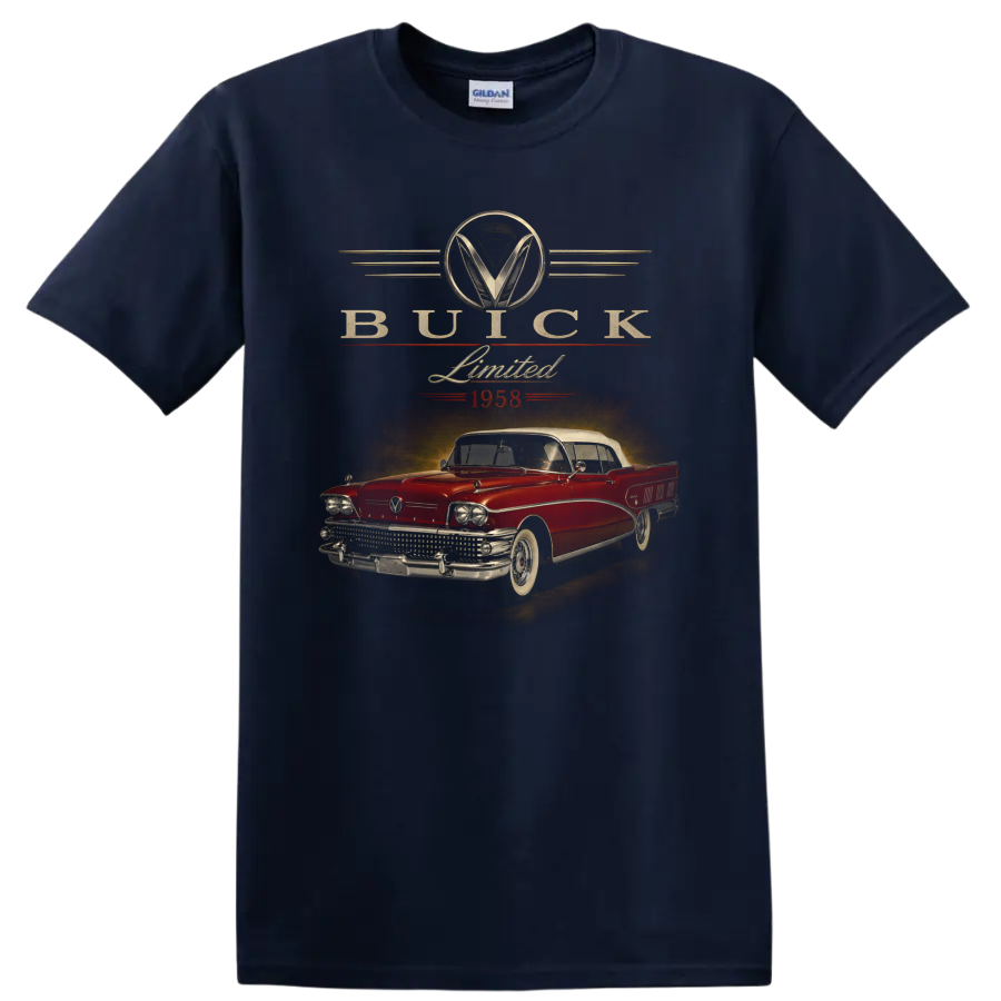 1958 Buick Limited vintage classic car graphic with retro lettering on a Navy (Blue) T Shirt