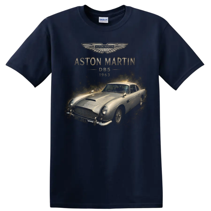 Aston Martin DB5 1963 vintage classic car graphic with gold accents on a Navy (Blue) T Shirt