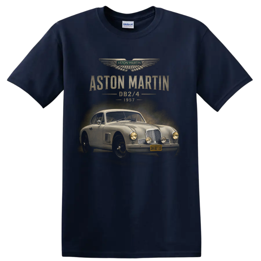 1957 Aston Martin DB2/4 vintage classic car graphic with distressed text on a Navy (Blue) T Shirt