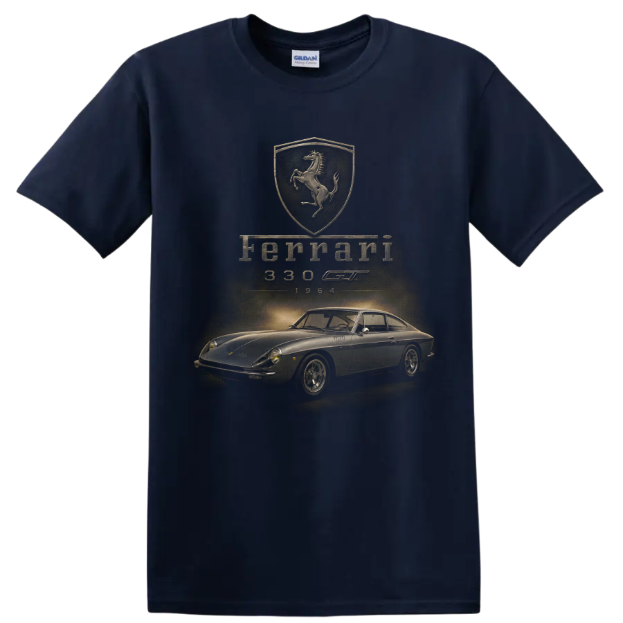 Ferrari 330 GT 1964 vintage classic car graphic with Ferrari shield on a Navy (Blue) T Shirt