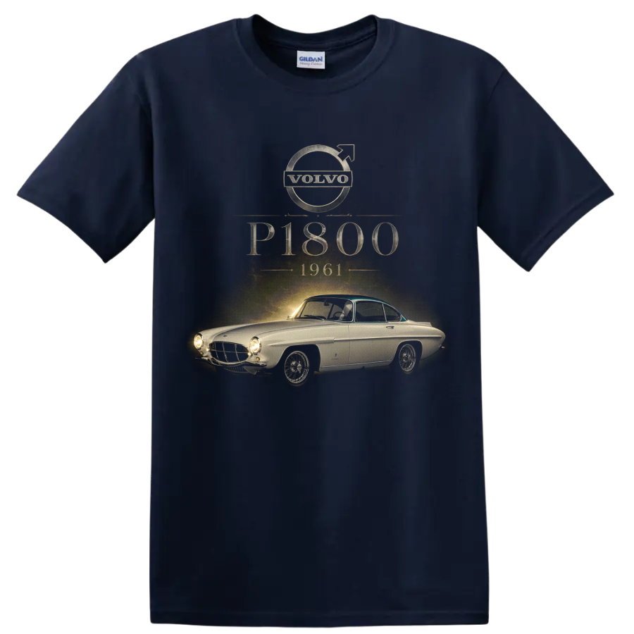 Vintage Volvo P1800 1961 classic coupe graphic with distressed typography on a Navy (Blue) T Shirt
