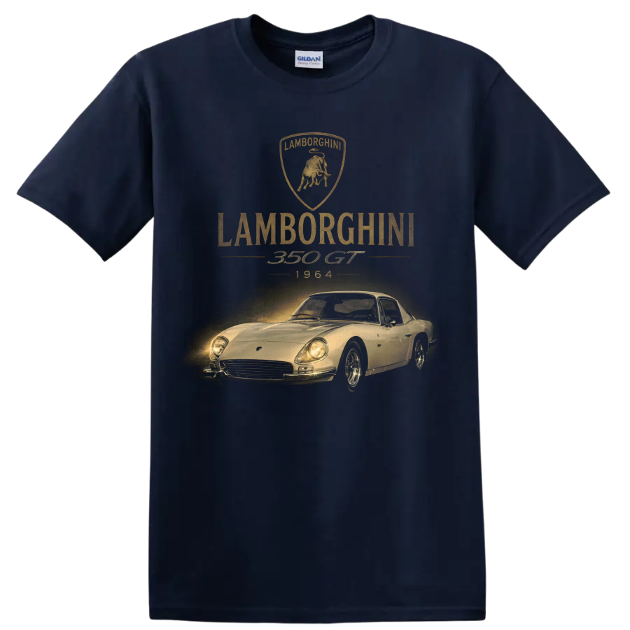 Lamborghini 350 GT 1964 vintage classic car graphic with bull crest on a Navy (Blue) T Shirt