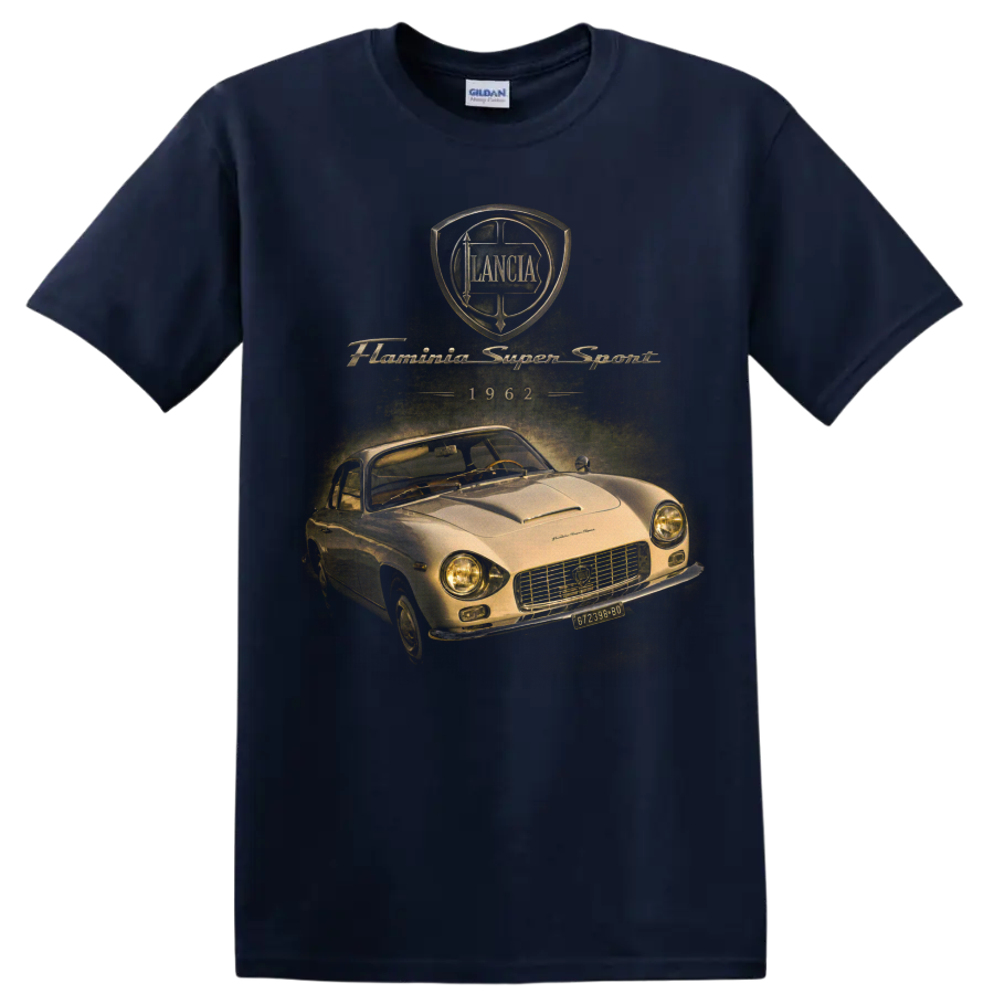 Lancia Flaminia Super Sport 1962 vintage coupe graphic with crest and script on a Navy (Blue) T Shirt