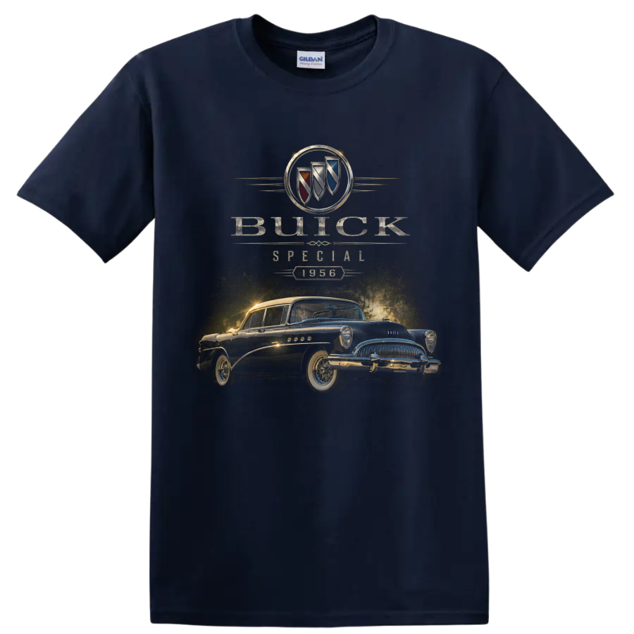 1956 Buick Special vintage classic car graphic with Buick crest on a Navy (Blue) T Shirt