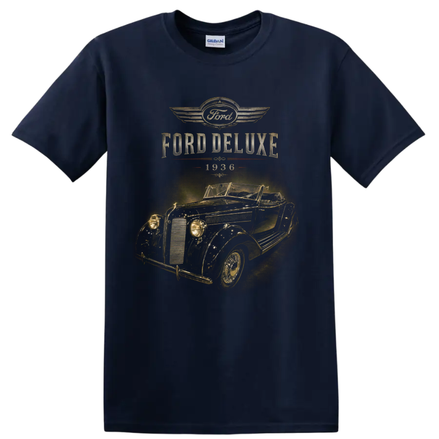 1936 Ford Deluxe vintage convertible with distressed Ford lettering on a Navy (Blue) T Shirt