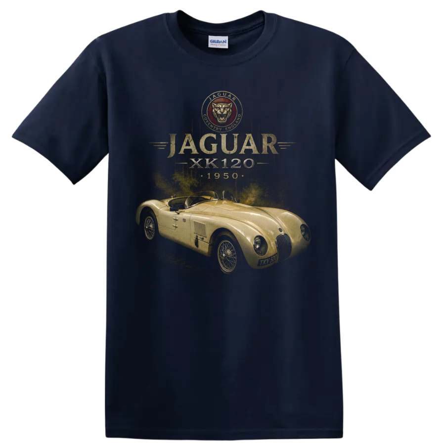 Vintage Jaguar XK120 1950 roadster graphic with distressed gold lettering on a Navy (Blue) T Shirt