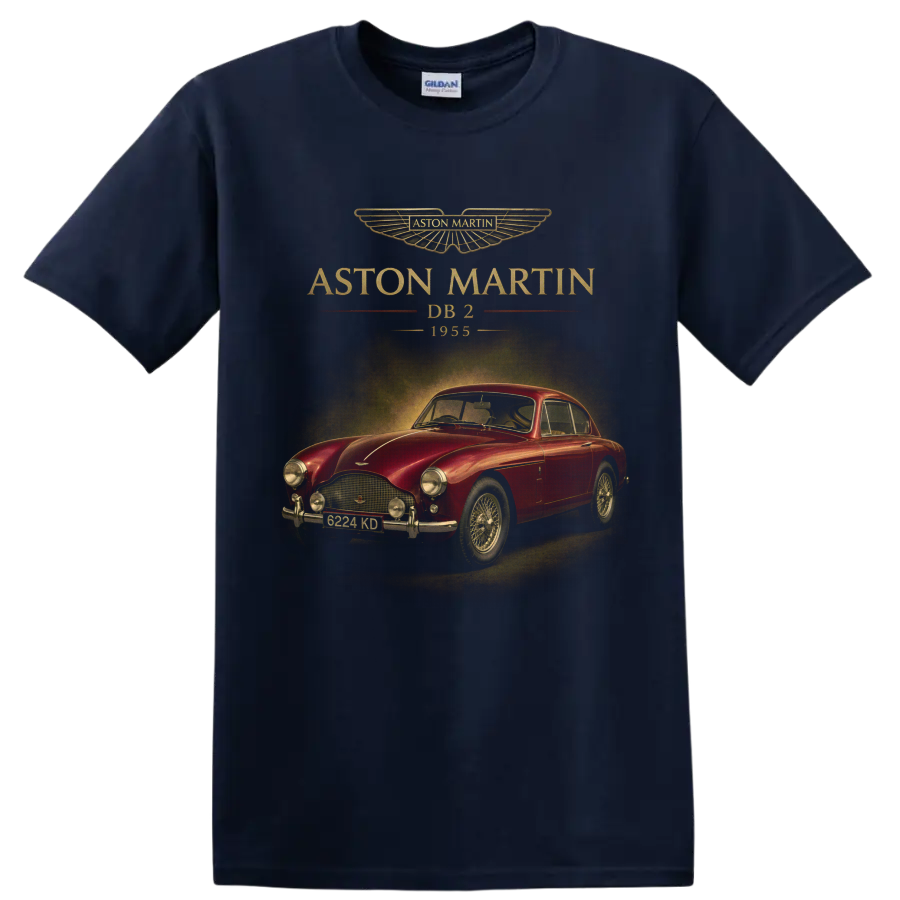 Aston Martin DB2 1955 vintage red coupe with gold lettering on a Navy (Blue) T Shirt