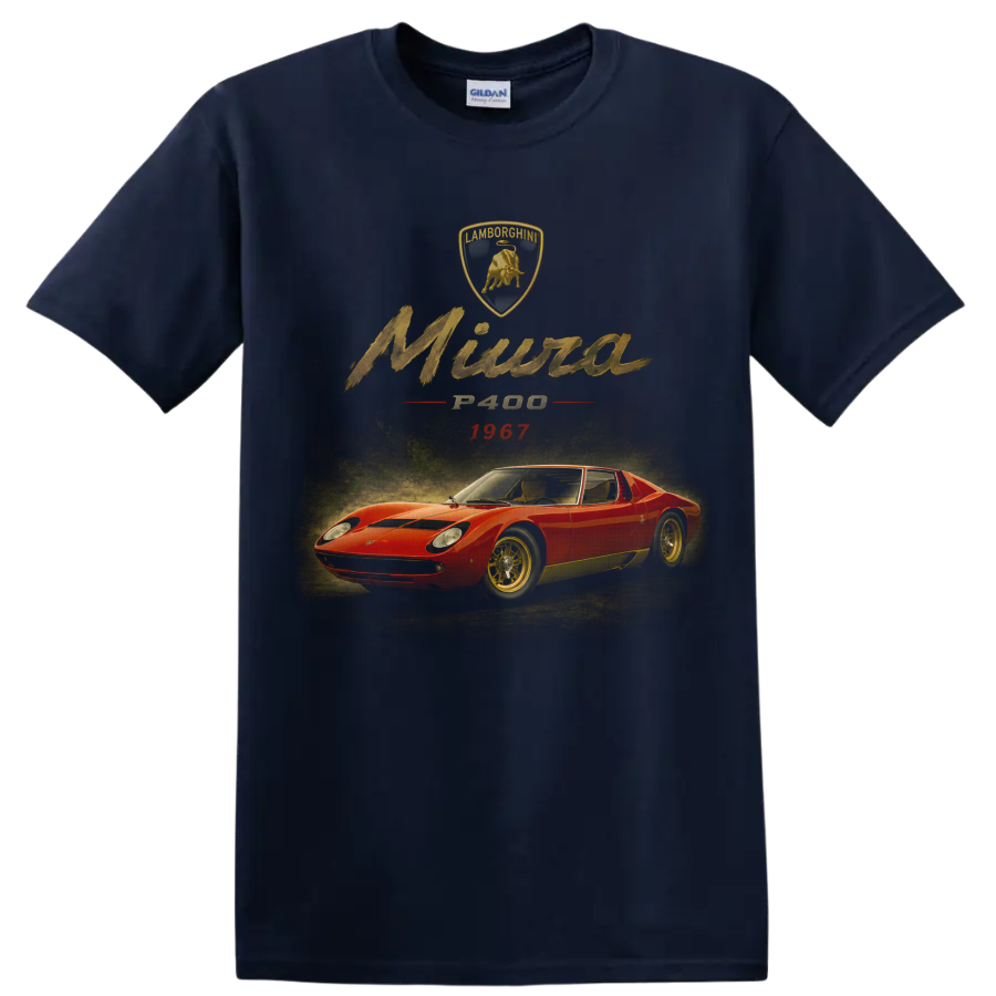 Lamborghini Miura P400 1967 vintage red sports car graphic on a Navy (Blue) T Shirt