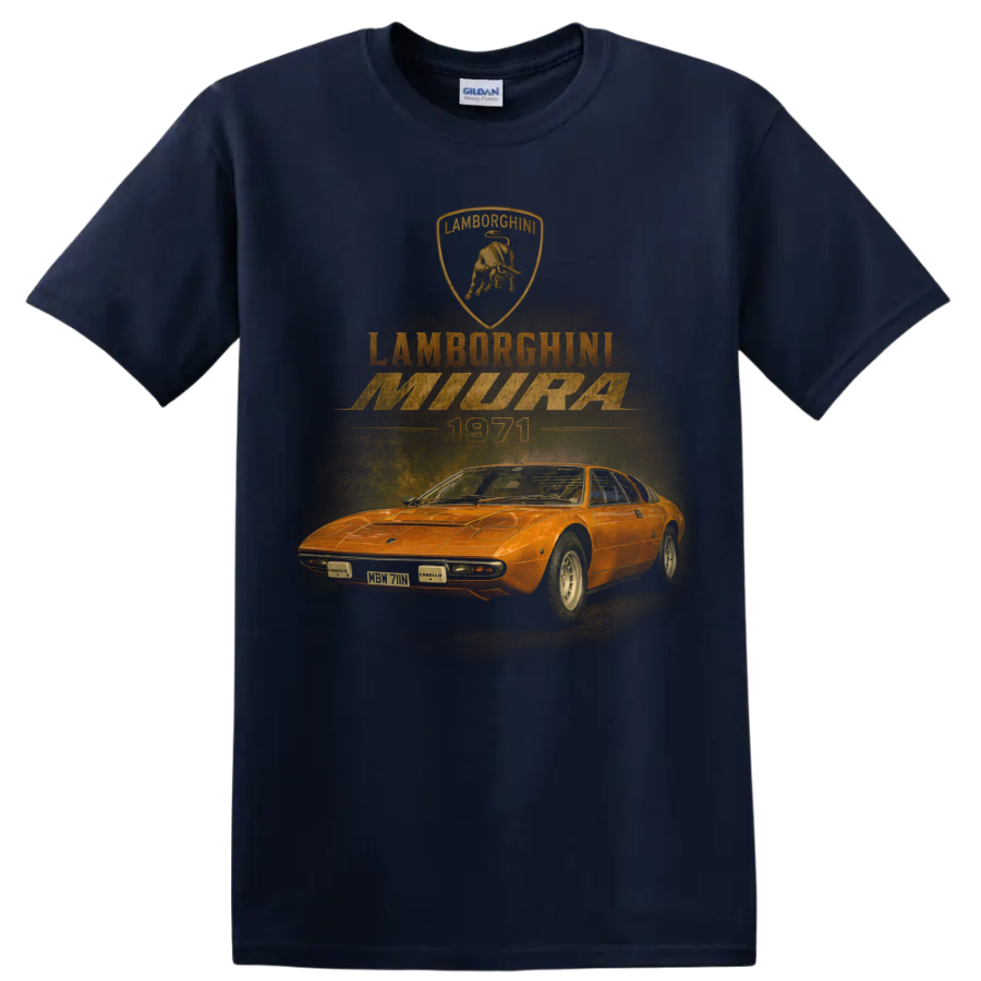 Lamborghini Miura vintage orange sports car graphic on a Navy (Blue) T Shirt
