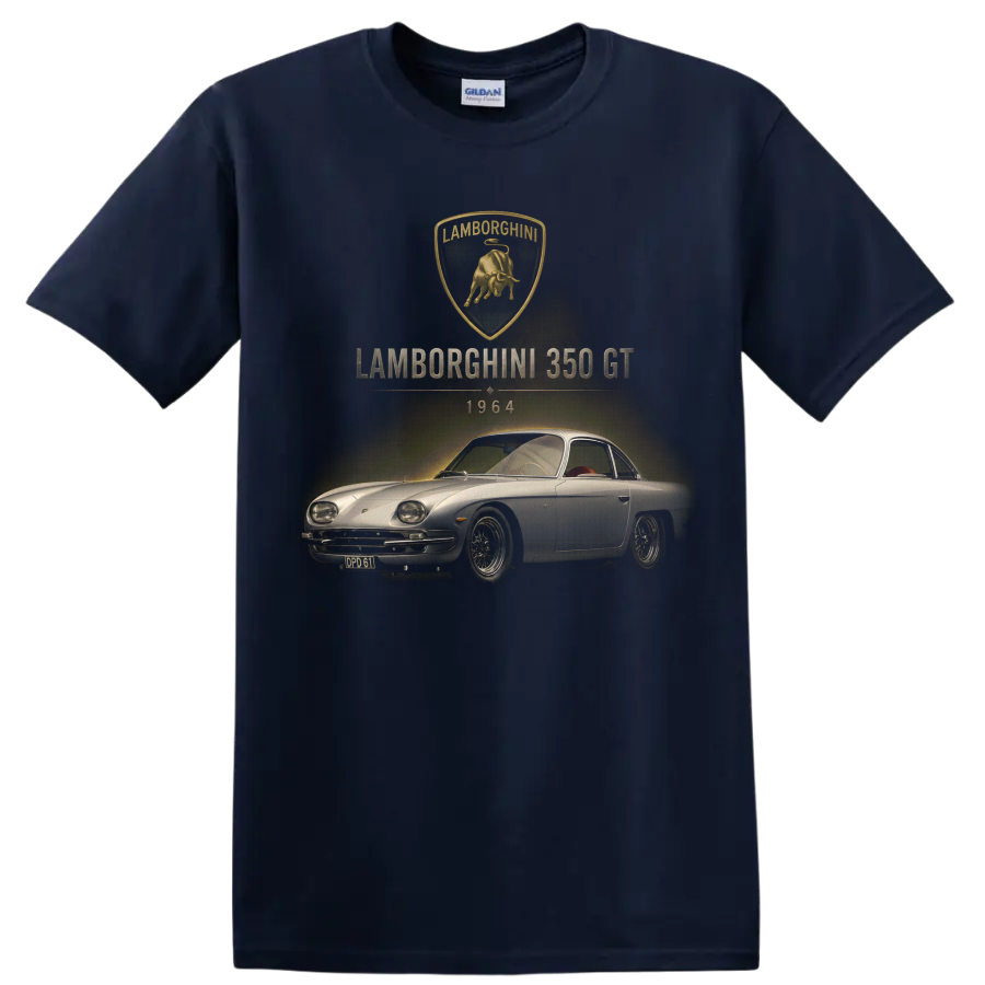 Vintage Lamborghini 350 GT 1964 classic car graphic with bull crest on a Navy (Blue) T Shirt