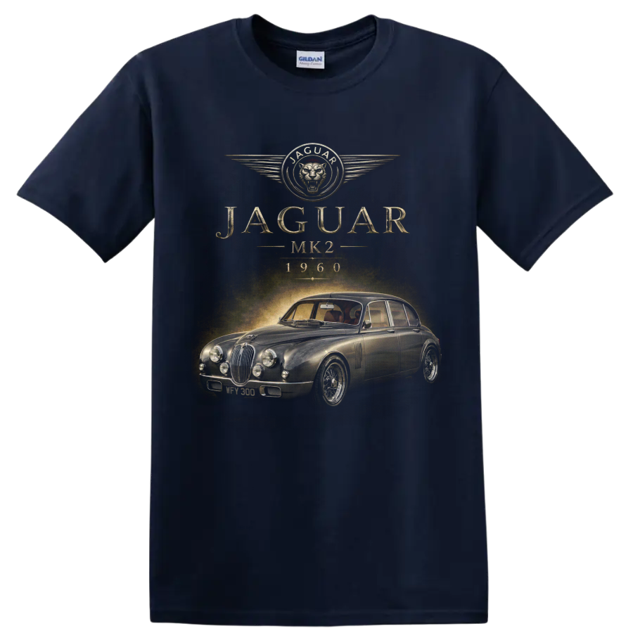 Jaguar MK2 1960 vintage classic car graphic with JAGUAR lettering on a Navy (Blue) T Shirt