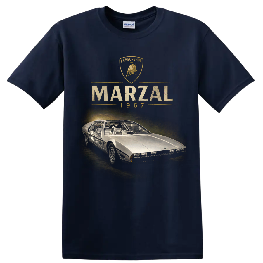 Vintage Lamborghini Marzal 1967 concept car graphic with crest and lettering on a Navy (Blue) T Shirt