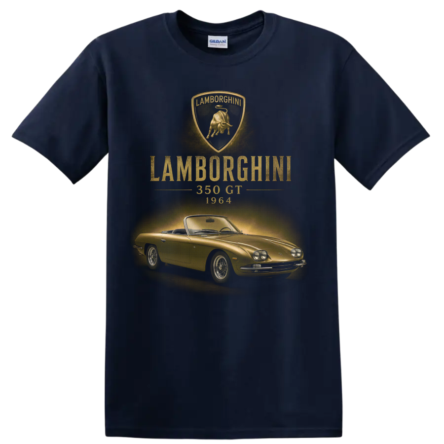 Lamborghini 350 GT 1964 vintage gold classic car graphic with crest on a Navy (Blue) T Shirt