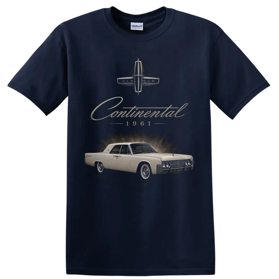 1961 Lincoln Continental vintage classic car graphic with script lettering on a Navy (Blue) T Shirt