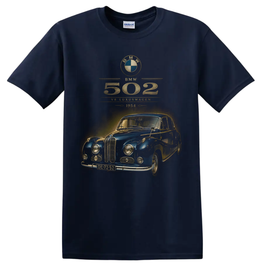 Vintage BMW 502 1954 blue classic car with distressed gold typography on a Navy (Blue) T Shirt